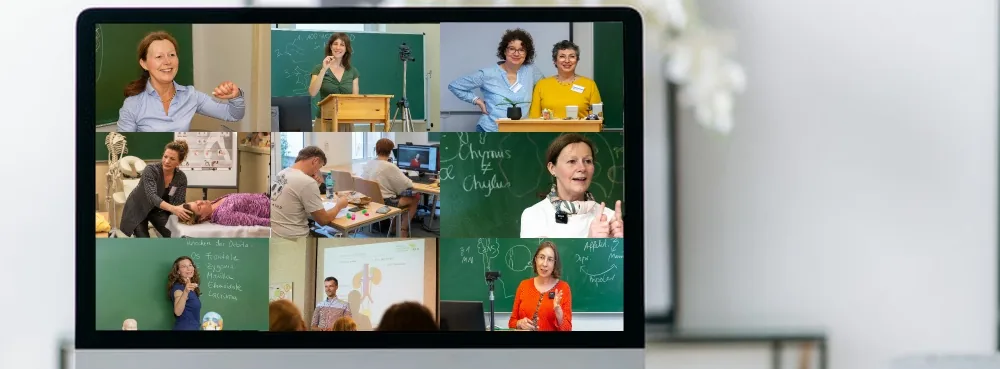 Laptop-Bildschirm mit vielen Bildkacheln aus dem Livestream-Unterricht der arche medica