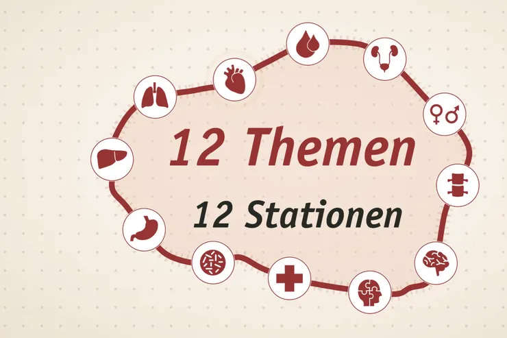 Ring aus zwölf Themen der Ringvorlesung, von Atmung über Herz bis Nervensystem