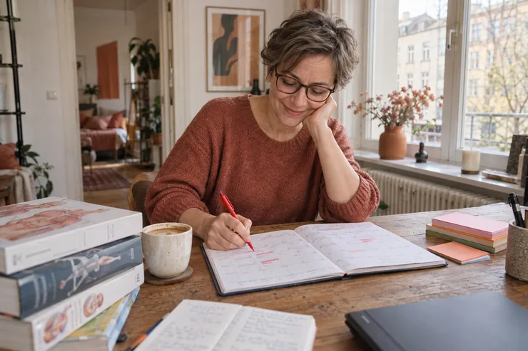 Frau plant am Schreibtisch ihre Lernzeit und markiert Wochen im Kalender Frau plant am Schreibtisch ihre Lernzeit und markiert Wochen im Kalender