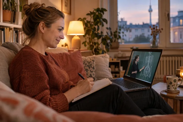 Frau sitzt abends zu Hause auf dem Sofa und macht live beim Unterricht mit, auf dem Laptop die Dozentin an der Tafel Frau sitzt abends zu Hause auf dem Sofa und macht live beim Unterricht mit, auf dem Laptop die Dozentin an der Tafel
