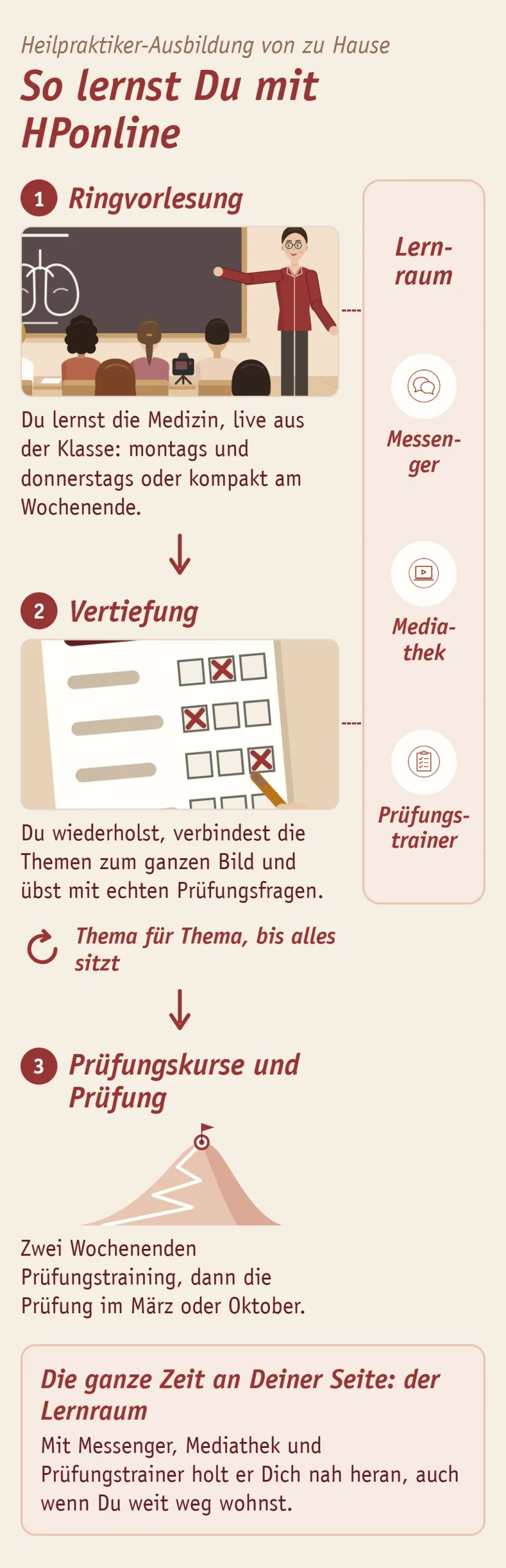 Schaubild So lernst Du mit HPonline: 1 Ringvorlesung, live aus der Klasse, montags und donnerstags oder kompakt am Wochenende, 2 Vertiefung, Du wiederholst und verbindest die Themen, 3 Prüfungskurse und Prüfung: zwei Wochenenden Prüfungstraining, dann die Prüfung im März oder Oktober. Die ganze Zeit an Deiner Seite der Lernraum mit Messenger, Mediathek und Prüfungstrainer.